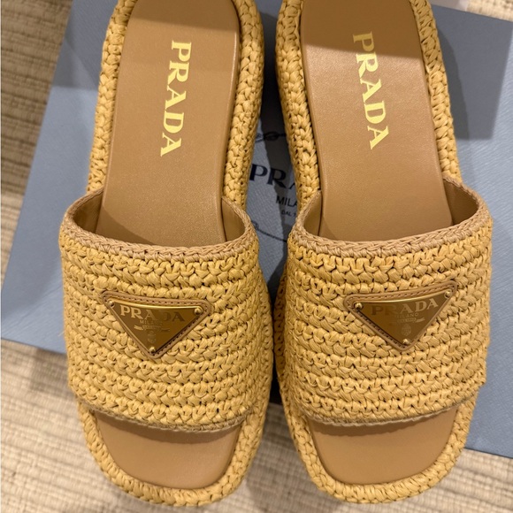 Prada Beige Raffia Platform Slide Sandals - Picture 3 of 6